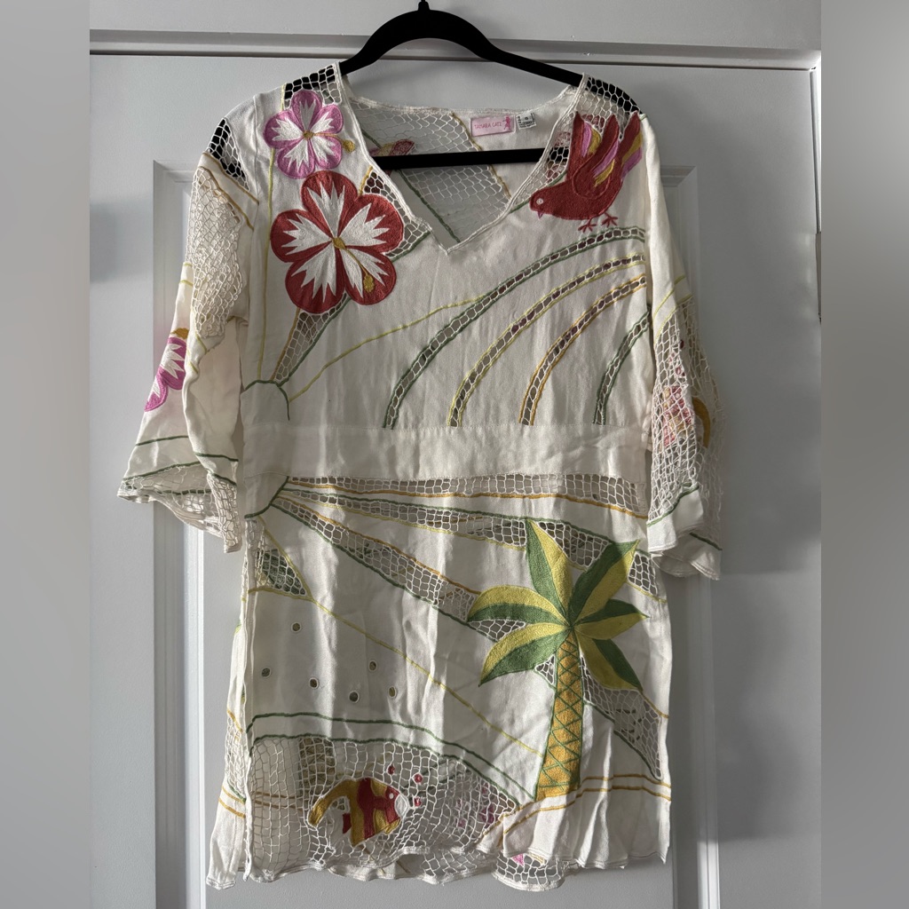 Tamara Catz  White Floral Cutwork Tunic With Pink  Green Accents